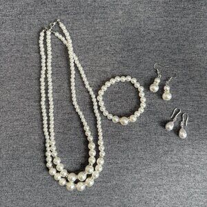 Pearl Necklace Bundle For Women Handmade Bracelet and Pear Earrings